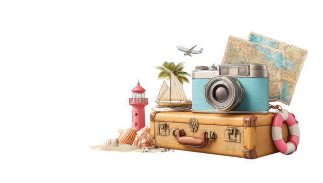 Vintage travel suitcase with vacation accessories