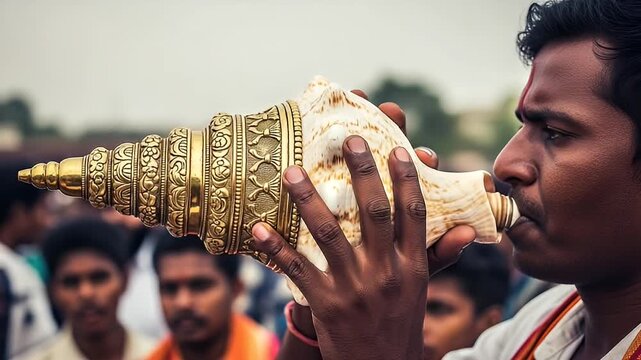 Man Blowing Ornate Gold Conch Shell in Outdoor Gathering for a Cultural Celebration with Religious Significance and Traditional Spiritual Practice