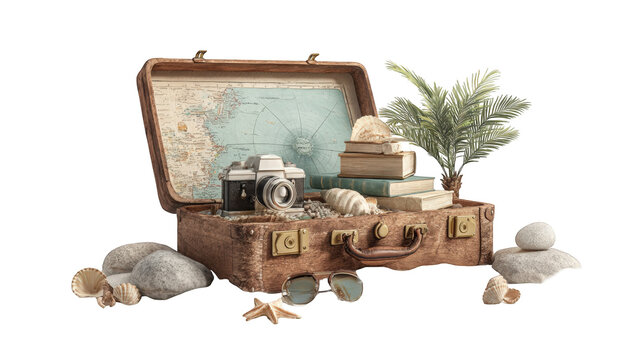 Vintage suitcase filled with travel mementos