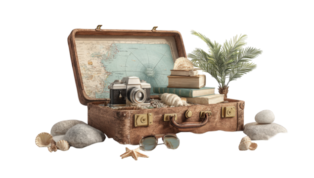 Vintage suitcase filled with travel mementos