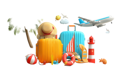 Colorful 3D travel concept with suitcases, airplane, and nautical elements