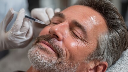 A man is getting ready to get Botox for crow's feet or laugh lines wrinkles by a aesthetic doctor in a clinic.