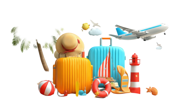 Colorful 3D travel concept with suitcases, airplane, and nautical elements - Powered by Adobe