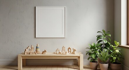 Modern interior scene with two blank canvases on a gray wall above a wooden bench and lush green plants
