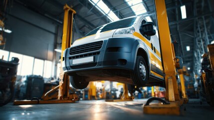 Medium shot of a vehicle raised on a hydraulic lift in a bright workshop with focused tools and blurred background mechanics at work.
