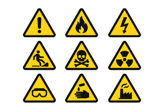 Set of safety hazard warning signs. Vector icons collection. Danger, caution, flammable, toxic, electric shock, radioactive, corrosive, poison symbols. Workplace health.