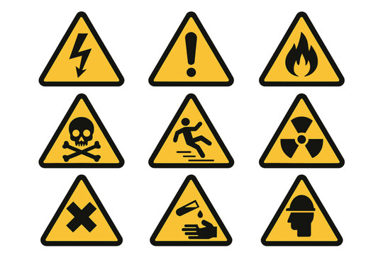 Safety hazard warning signs vector icon set. Caution, danger, risk triangle symbols. Flammable, toxic, radioactive, voltage, slippery, corrosive, alert pictogram collection.
