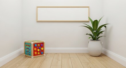 Modern minimalist living room corner with a clear cube shelf filled with colorful objects and a green potted plant
