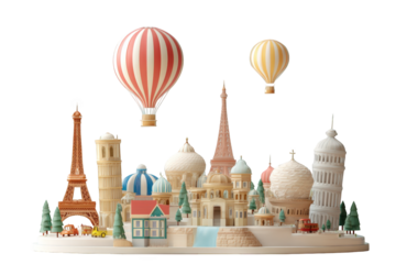 Miniature cityscape with hot air balloons