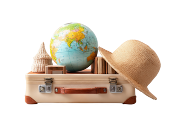 Vintage suitcase filled with travel accessories