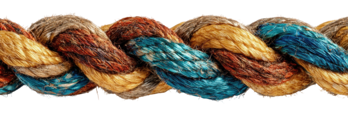 Close-up of a tightly woven rope with intricate colors.  The rope is composed of multiple strands of varying shades of brown, tan, and teal, creating a visually rich texture