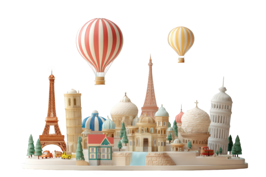 Miniature cityscape with hot air balloons