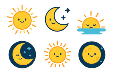 Cute sun and moon character icon set illustrating day and night cycles. Kawaii weather emojis for sunrise and sunset. Cartoon vector illustration of celestial bodies.
