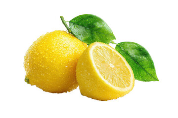 Two whole and half lemons with leaves
