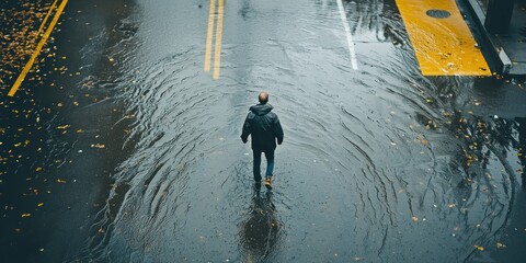 A pedestrian hesitating before stepping into water covering a roadway