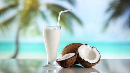 A refreshing coconut smoothie with a straw and fresh coconuts on a reflective surface, with a blurred tropical beach and palm tree background.

