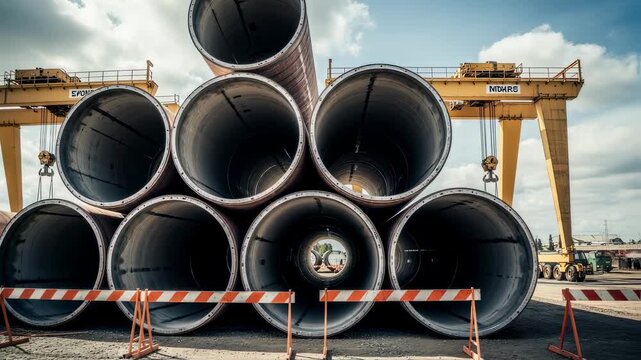 Stacked large hyperloop vacuum tube segments awaiting further welding and assembly industrial yard with cranes and safety barriers visible.