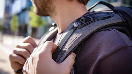 Ergonomic backpack with padded straps in sharp focus blurred background highlighting hand adjusting the fit for comfort and support during daily commutes.