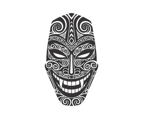 Tribal Mask Silhouette with Wide Grin, Bold Black Art