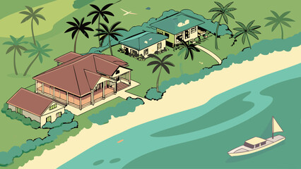 Tropical Beach House Illustration Seaside Vacation Home Island Getaway Palm Trees Ocean View Coastal Property Summer Vacation Idyllic Resort Holiday Home Tropical Paradise Beachfront Property Caribbe.