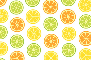 Citrus fruit seamless pattern with lemon, lime and orange slices. Vector flat illustration for background, textile, fabric print, wallpaper, and wrapping paper. Fresh summer texture.