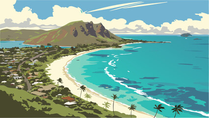 Obraz premium Tropical Beach Landscape with Mountain View and Palm Trees High-Resolution Illustration.