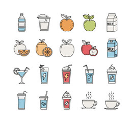 A collection of beverage line icons in vector format. Includes icons for water, juice, milk, soda, cocktails, energy drinks, milkshakes, coffee, and more. Pixel perfect.
