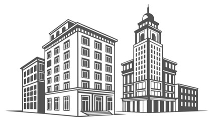 Fototapeta premium Urban Buildings Cityscape Illustration Architectural Design Black and White Vector Graphic Modern and Classic Architecture Building Facades Downtown Skyline Simple City Scene Real Estate Illustration.