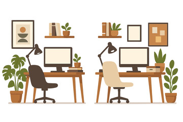 Modern home office interior design set. Two vector workspaces with computer desk, chair, lamp, and plants. Workplace concept for remote work, freelance, or co-working.
