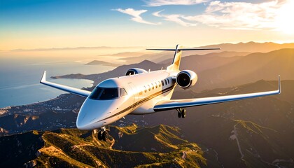 Private jet soaring over mountains and ocean at sunset