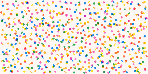 Confetti pattern. Random rounds and stars elements seamless pattern. Colorful confetti pattern with texture and transparent effect.