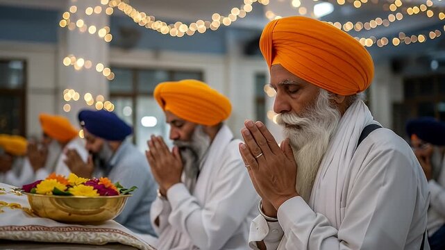 Sikh Men in Prayer with Orange and Blue Turbans in a Temple Setting