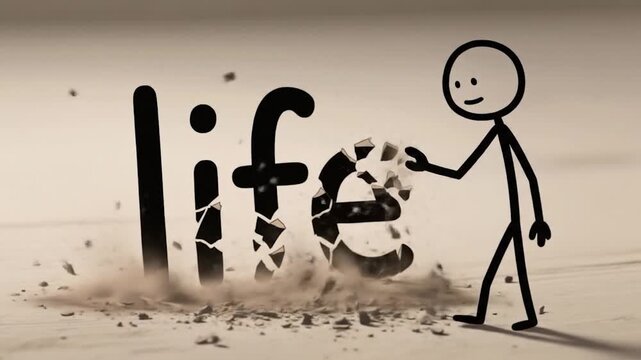 Animated Stick Figure Destroying the Word Life with Shattering Effect