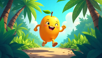 Cute Animated Mango Character Running in Tropical Jungle Scene