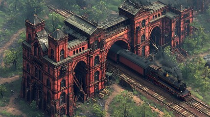 Aerial view of a black steam train passing through a red brick building with arched entrances near trees