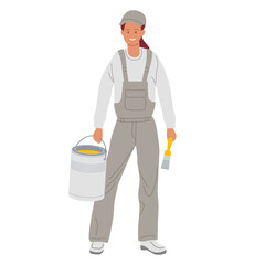 Person holding paint can and brush while wearing overalls in sunny outdoor setting