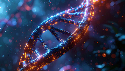 DNA strand in the universe: A close-up depiction of a luminous DNA strand, with vibrant details, represents the complex structure of life. Illustrating the beauty and intricacy of genetic science.