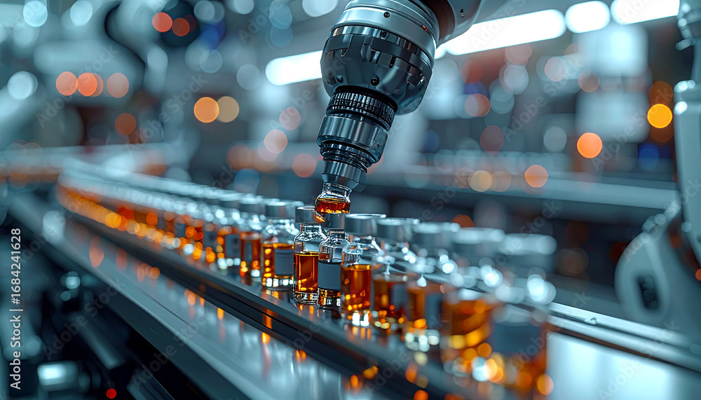 Aufkleber automation assembly line: a detailed view of an automated assembly line in a factory, showcasing rob