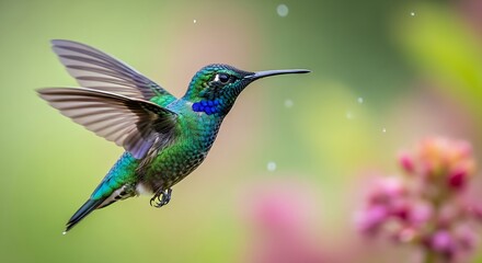 Fototapeta premium Stunning emerald hummingbird hovers mid-air, wings spread, showcasing vibrant iridescent feathers and delicate details.