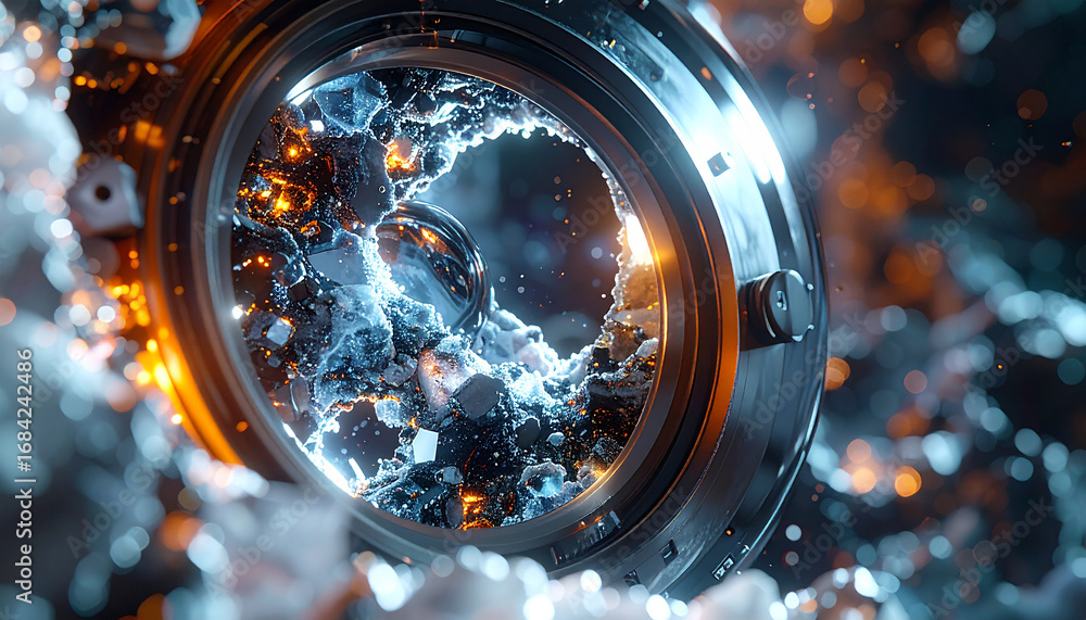 Aufkleber mechanical marvel: captivating close-up of intricate machine element bathed in a splash of liquid, h