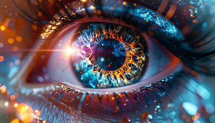Cosmic Gaze: An artistic, hyper-detailed close-up of a human eye, showcasing a captivating cosmos of colors and light