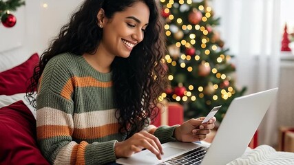 Smiling Woman Makes Online Purchase From Bed Using Credit Card and Laptop Near Christmas Tree with Colorful Ornaments and Red Pillows