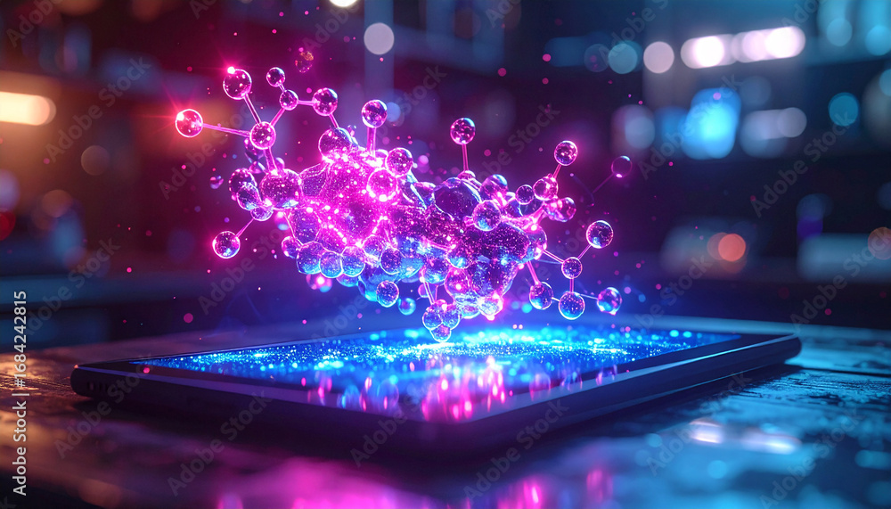 Poster tech's molecular touch: a vibrant display of molecular structures levitating above a tablet, bathed 