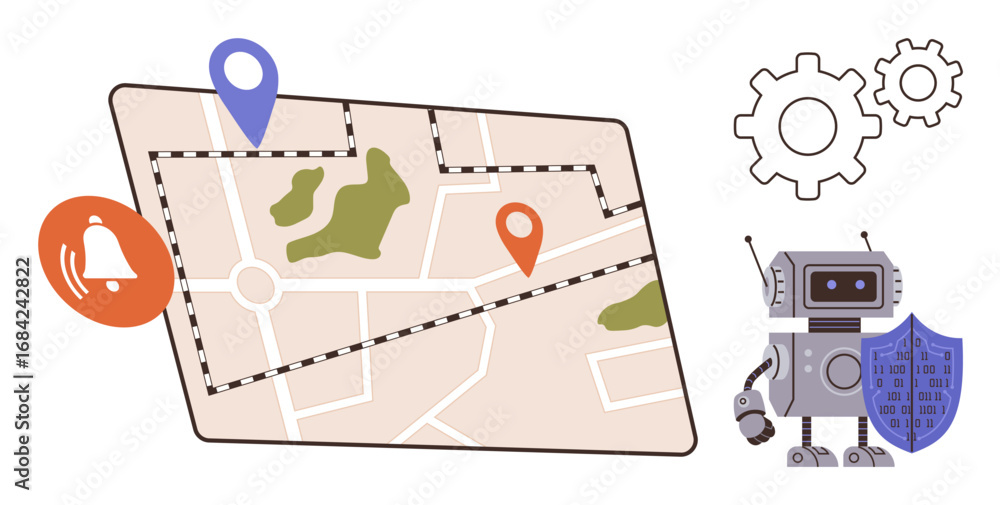 Poster robot holding shield alongside a digital map with location pins, green spaces, and alert symbol. ide