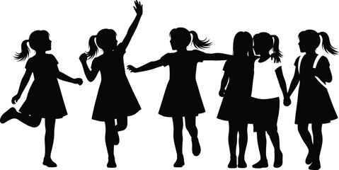 Silhouette vector illustration of six playful girls dancing, holding hands, expressing joy, friendship, childhood innocence, and happy moments outdoors together.