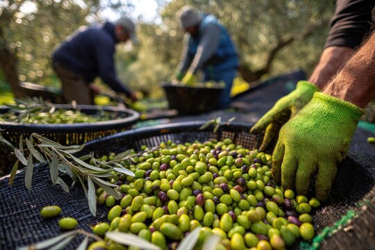 Olive Harvest - Workers Picking Ripe Olives in Sunny Orchard.