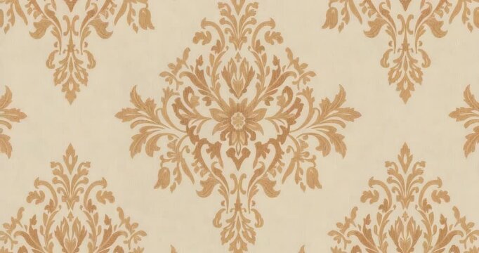 Looping gold-and-beige damask wallpaper pattern remaining static on room wall, for interior decor