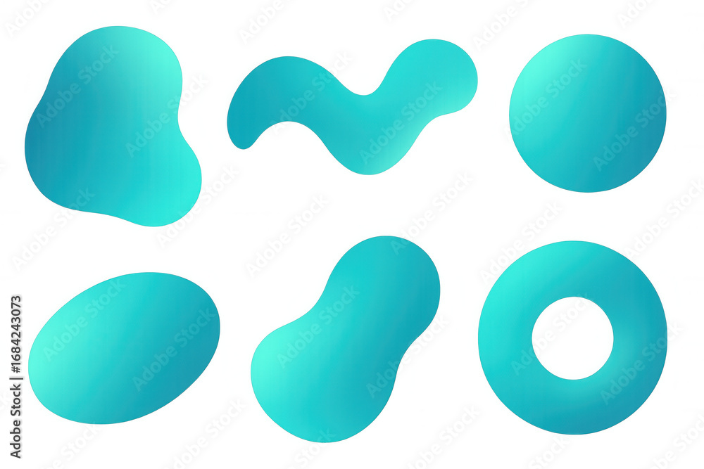 Aufkleber displaying six modern and vibrant turquoise abstract shapes with gradient on a transparent backgroun