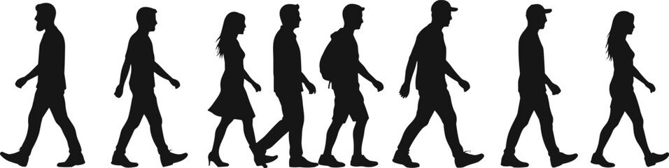 Silhouette vector of diverse men and women walking side by side, representing casual motion, lifestyle, urban crowd, and human movement.
