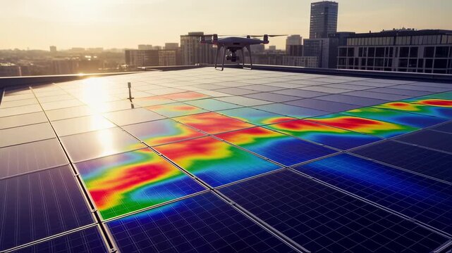 Infrared drone inspection of solar panel roofs highlights uneven temperature distribution promoting optimal performance and early fault detection in renewable energy systems.